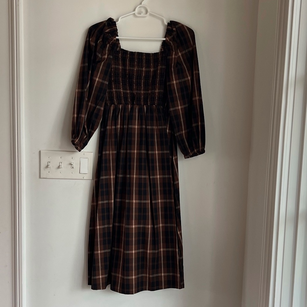 J.Crew Smocked Top Brown Plaid Dress Size XS